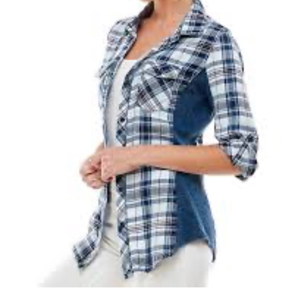 Ci Sono Plaid Collection Women Shirt Roll Up Sleeves Button Down Stretch Size M - Picture 2 of 10